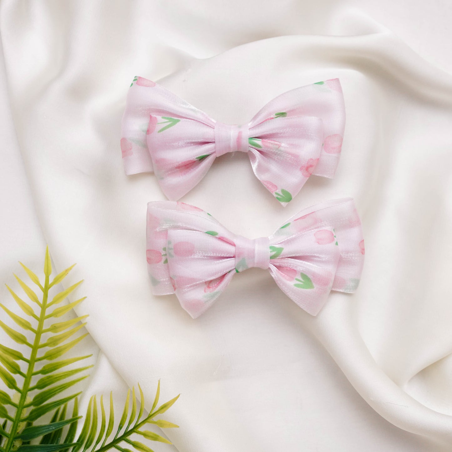 Pink and Green Organza Bow Hairclip