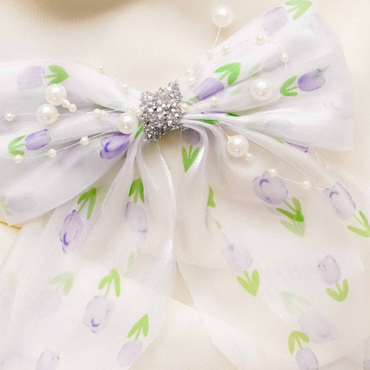 Purple & Green Organza Rhinestone Long Bow