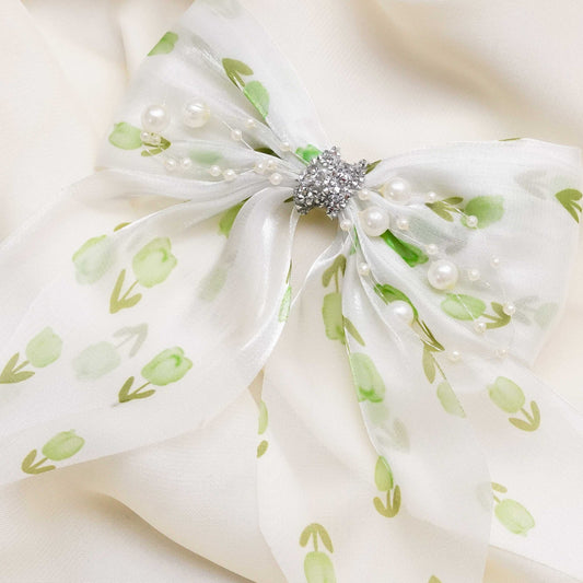 Green Organza Rhinestone Long Bow