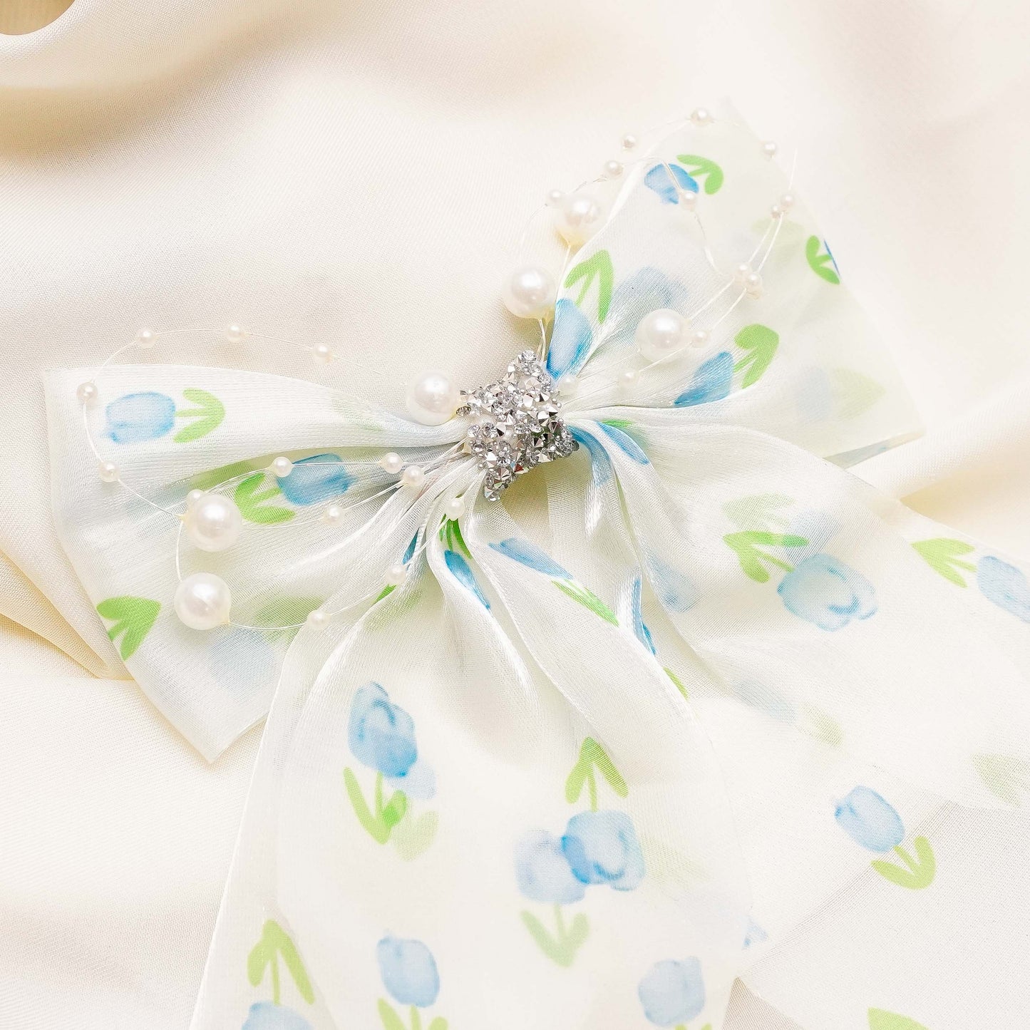 Blue & Green Organza Rhinestone Long Bow