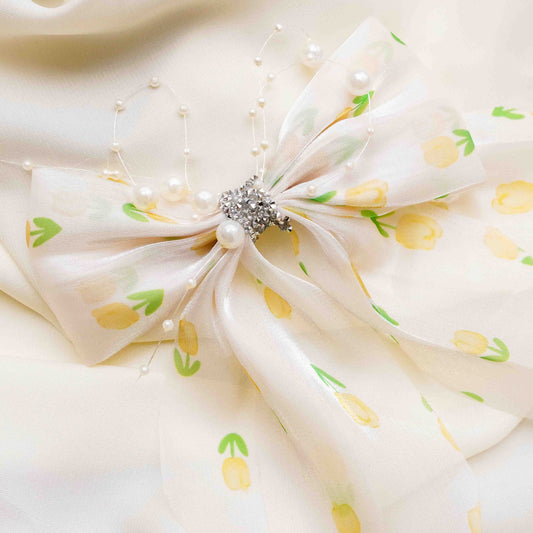 Yellow & Green Organza Rhinestone Long Bow
