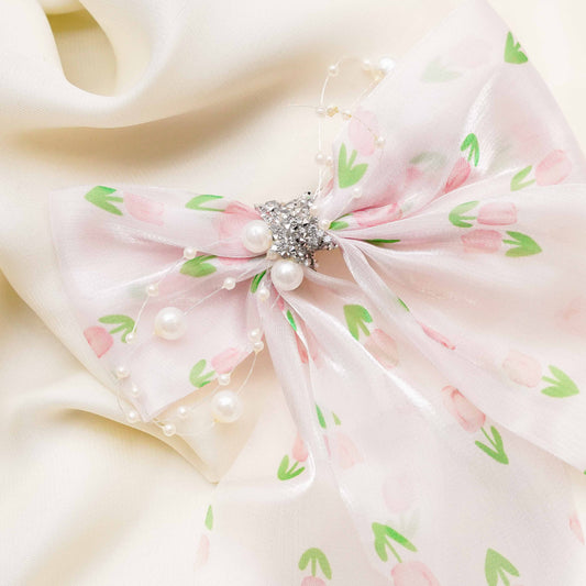 Pink & Green Organza Rhinestone Long bow
