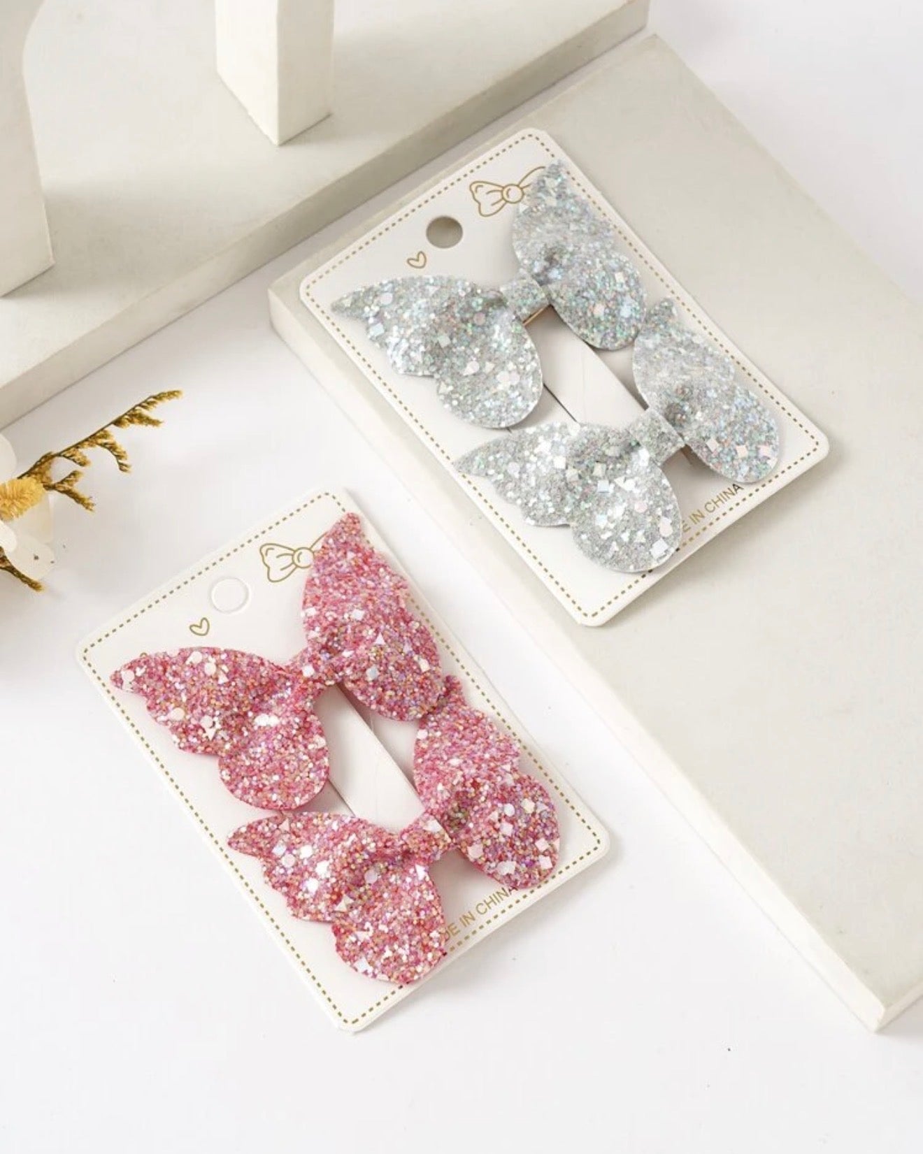 Silver and Pink shimmery butterfly hairclips