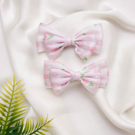 Pink and Green Organza Bow Hairclip