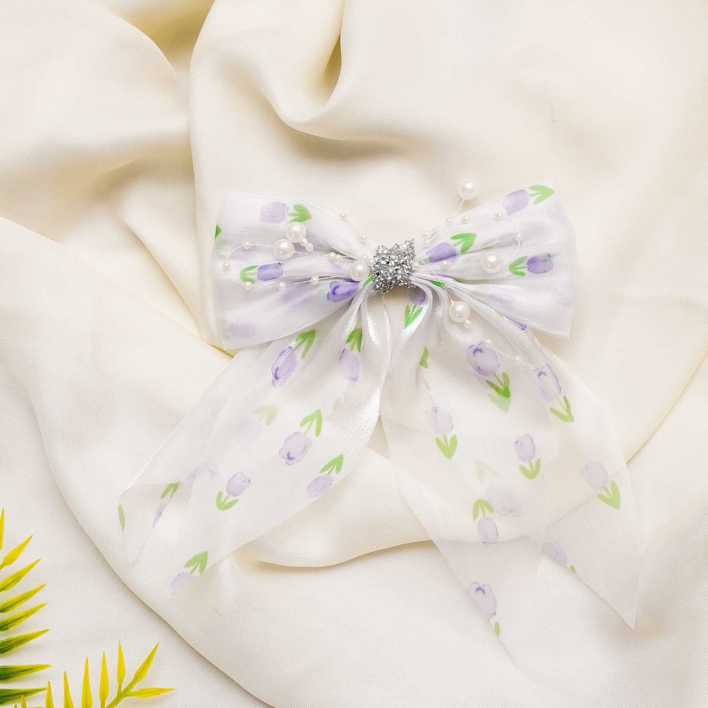 Purple & Green Organza Rhinestone Long Bow