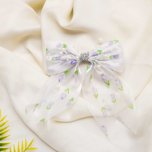 Purple & Green Organza Rhinestone Long Bow
