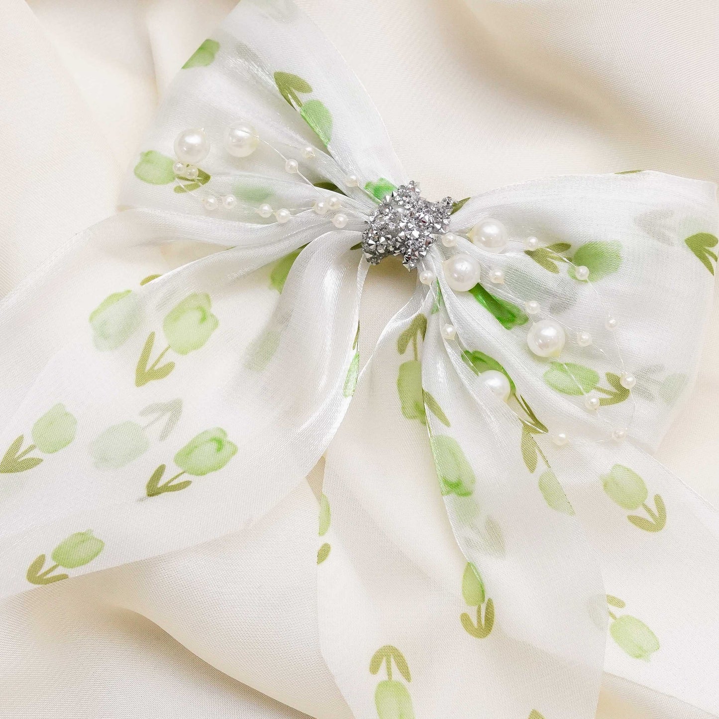Green Organza Rhinestone Long Bow