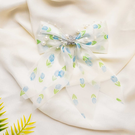 Blue & Green Organza Rhinestone Long Bow