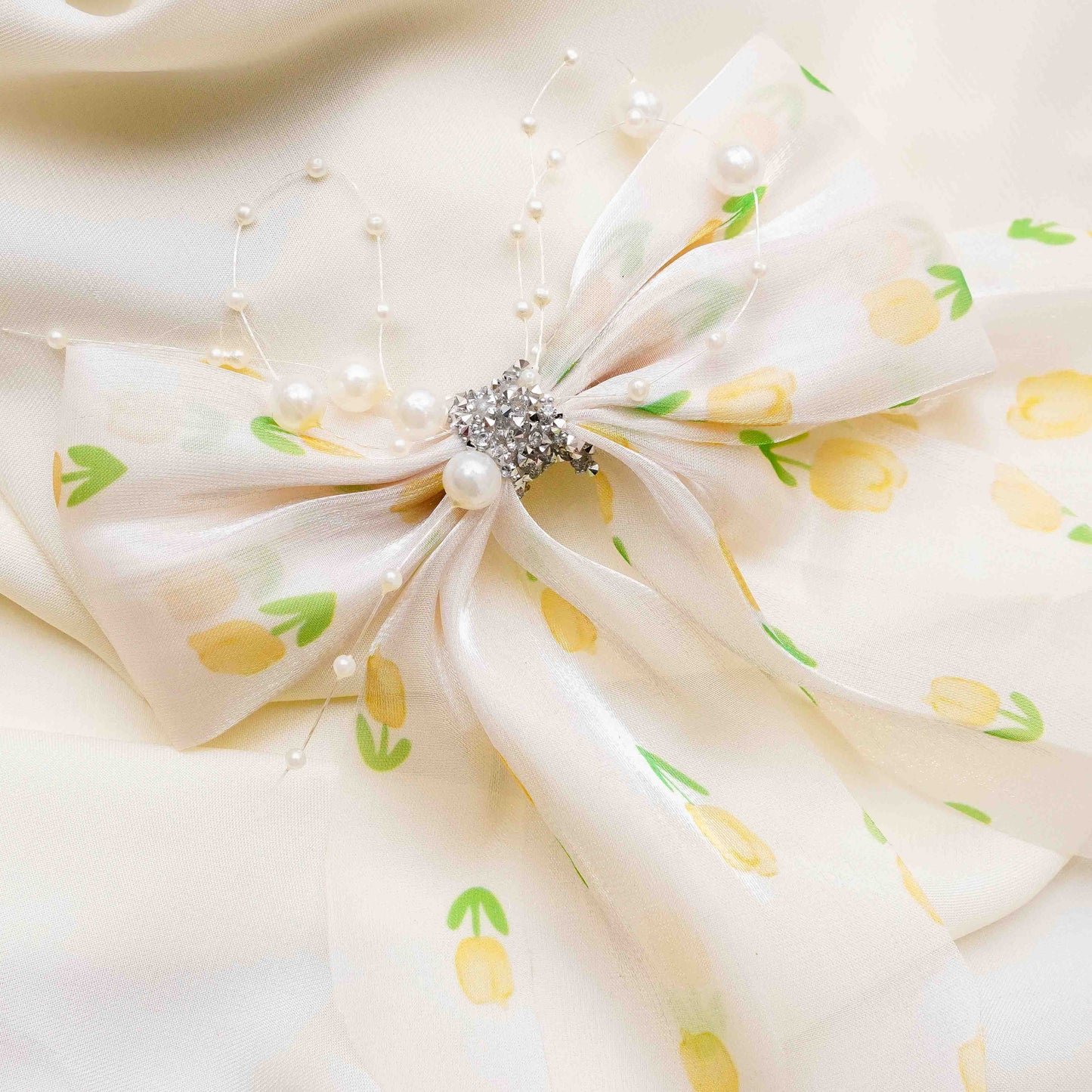 Yellow & Green Organza Rhinestone Long Bow