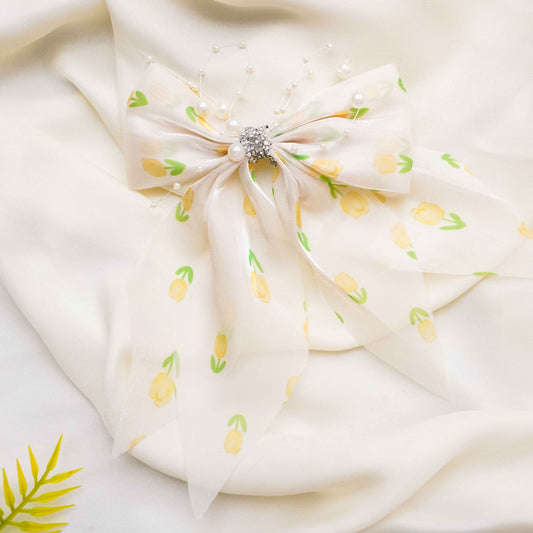 Yellow & Green Organza Rhinestone Long Bow