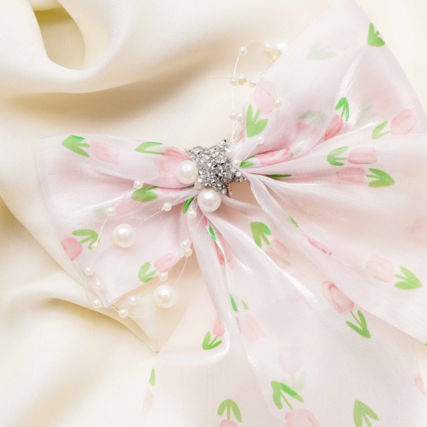 Pink & Green Organza Rhinestone Long bow