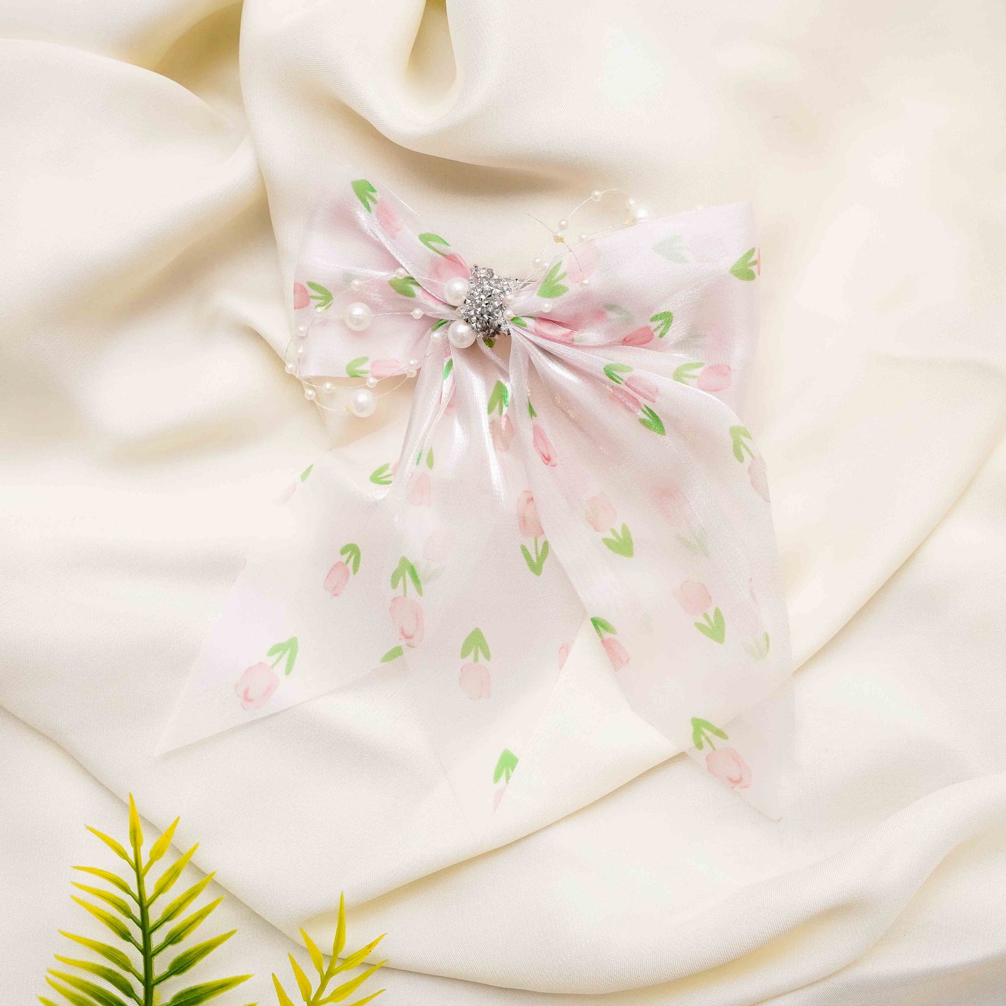 Pink & Green Organza Rhinestone Long bow