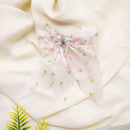 Pink & Green Organza Rhinestone Long bow