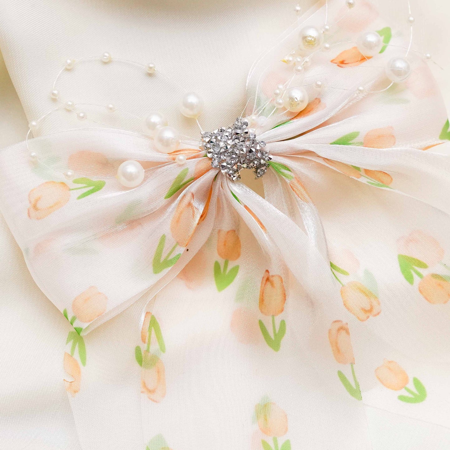 Orange & Green Organza Rhinestone Long bow