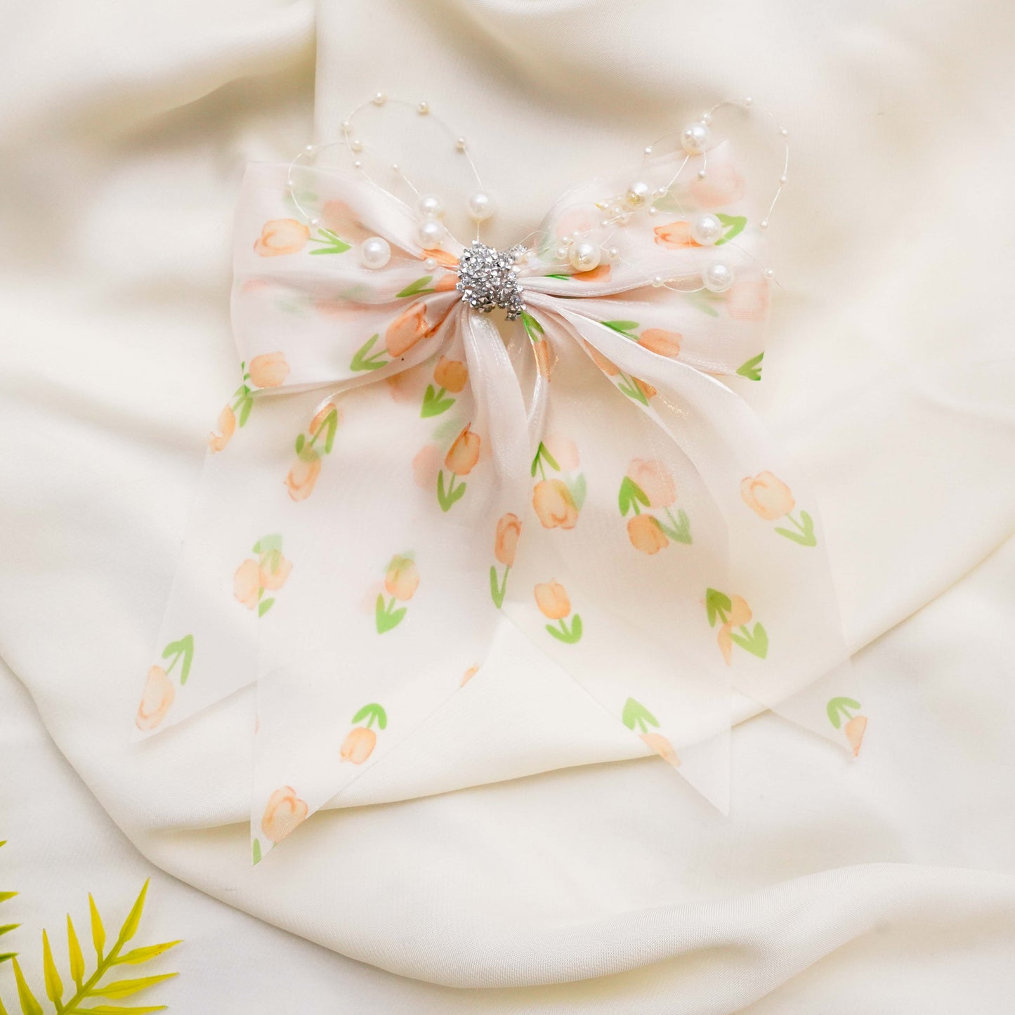 Orange & Green Organza Rhinestone Long bow
