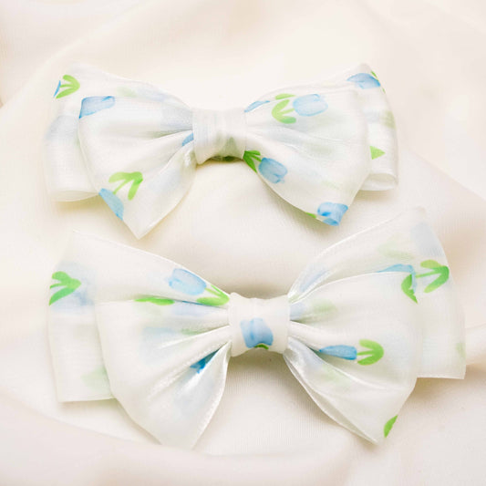 Blue and Green Organza Bow Hairclip