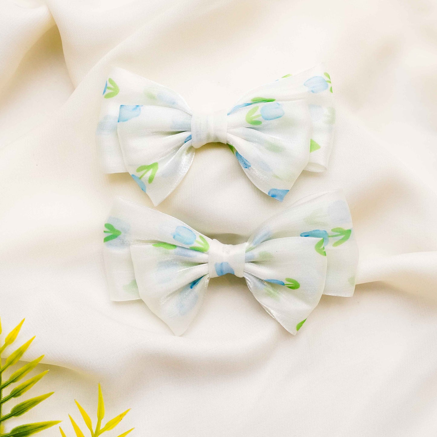 Blue and Green Organza Bow Hairclip