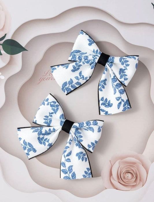 Blue Floral Print Bow Hairclip