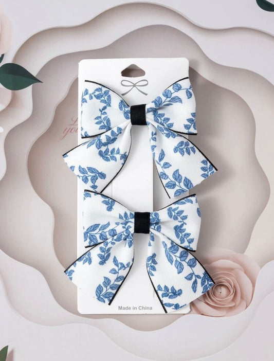 Blue Floral Print Bow Hairclip