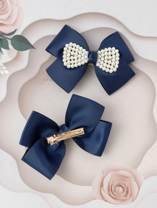 Navy Blue Pearl Bow decor Hairclip