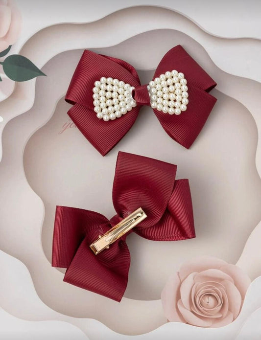 Burgundy pearl bow decor hairclip